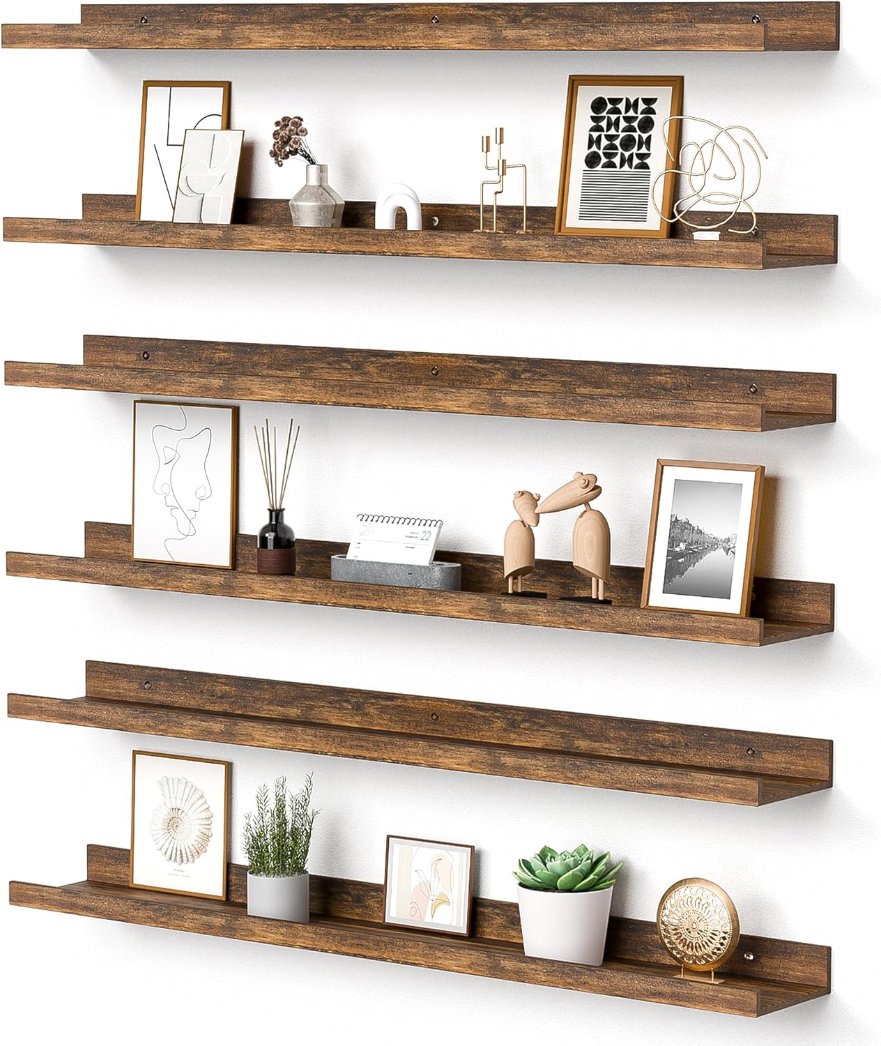 upsimples Floating Shelves for Wall, Wall Shelves for Decor Storage Set of 6, Wall Mounted Wood Shelf for Bedroom, Living Room, Bathroom, Kitchen, 35.5 inch Long Picture Ledge Shelf, Brown