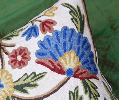 Dahlia Floral Pillow Cover - Cream Flower Pillowcase - Outdoor Cushion - Suzani Farmhouse Chair Throw - Traditional Chair Cushions - Hand Embroidered Wool Size - 18x18