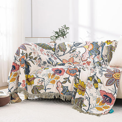 Snycler Boho Throw Blanket for Bed, 100% Organic Cotton Muslin Soft Throw-Floral Farmhouse Rustic Spring Summer Fall Decor Blanket for Couch Sofa Quilt and Gift, 60" x 80" White