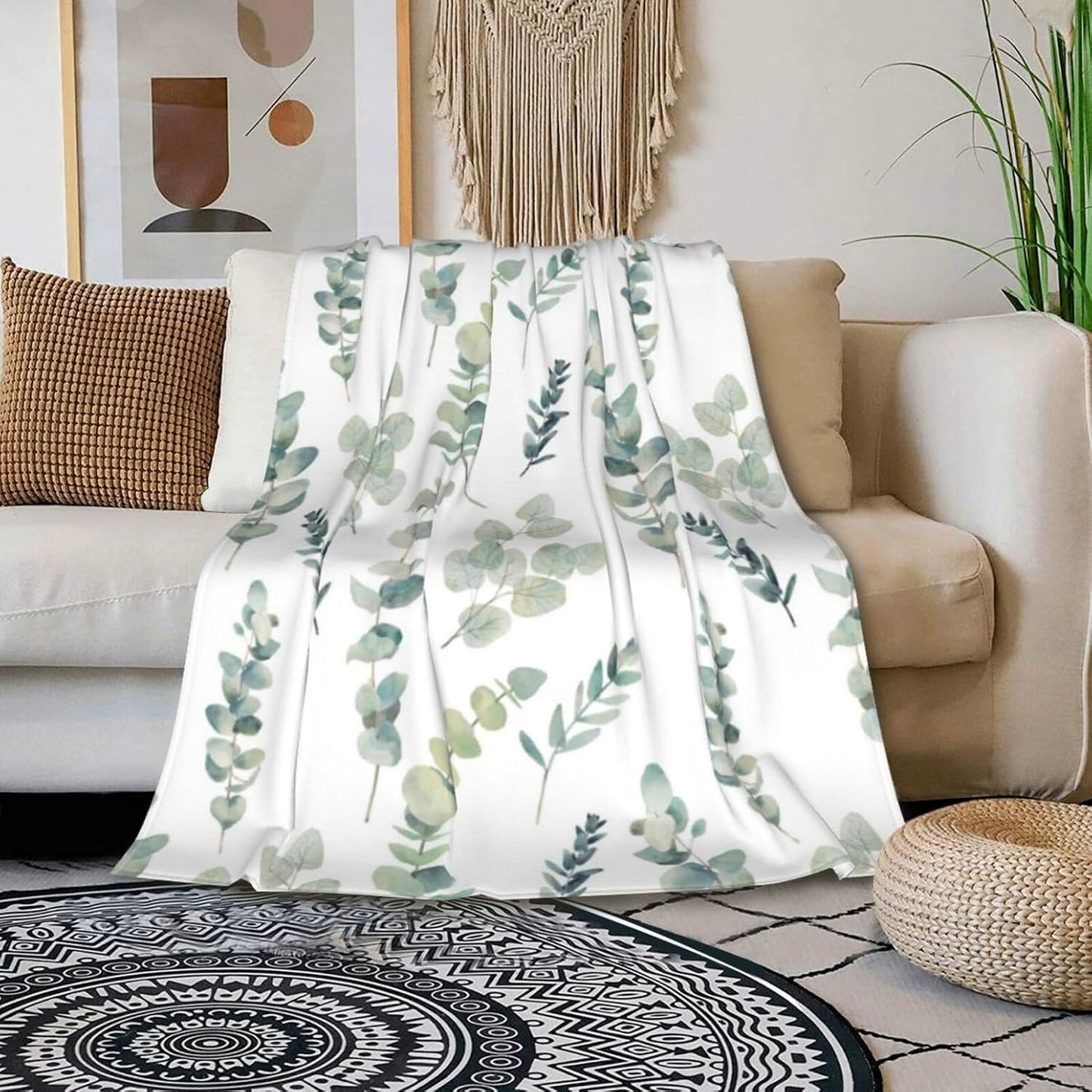 HGOD DESIGNS Watercolor Eucalyptus Flannel Fleece Bed Blanket Throw Blanket Lightweight Cozy Plush Blanket for Bedroom Living Rooms Sofa Couch 50"x60"