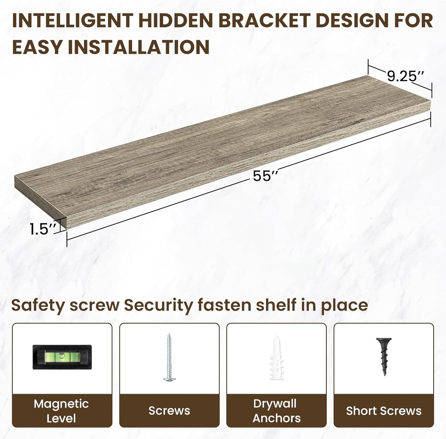 55 Inch Floating Shelves, 12 Inch Deep Floating Shelves for Wall, Floating Shelf with Invisible Brackets, Deep Shelves for Bathroom, Bedroom, Living Room, 1 Pack, Grey