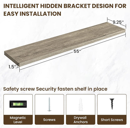 55 Inch Floating Shelves, 12 Inch Deep Floating Shelves for Wall, Floating Shelf with Invisible Brackets, Deep Shelves for Bathroom, Bedroom, Living Room, 1 Pack, Grey