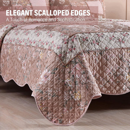 NEWLAKE Quilt Set King Size, Cotton Patchwork Pink Floral Quilt Sets, Real Stitched Embroidery Bedspread Lightweight and Breathable for All Seasons, Soft Quilted with 2 Pillow Shams