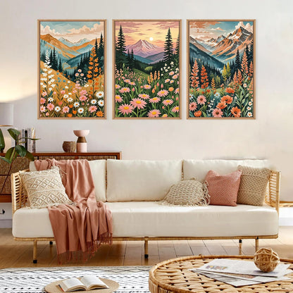 HPINUB Mountain Sunset Floral Framed Canvas Wall Art Set,Colorful Wildflower Daisy Flower Wall Decor,Boho Blossom Botanical Artwork Modern Nature Landscape Art Print for Living Room,Bedroom-16 x24 x3