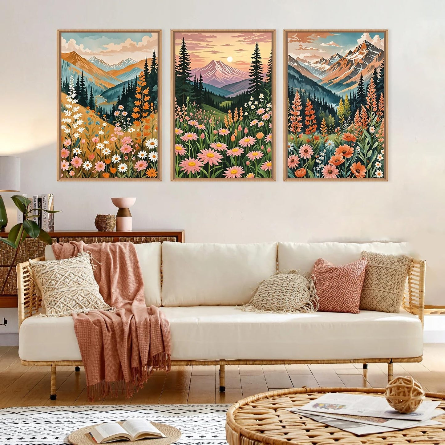 HPINUB Mountain Sunset Floral Framed Canvas Wall Art Set,Colorful Wildflower Daisy Flower Wall Decor,Boho Blossom Botanical Artwork Modern Nature Landscape Art Print for Living Room,Bedroom-24 x36 x3