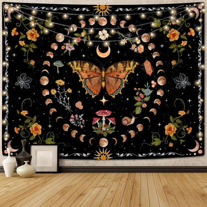 Aipon Orange Butterfly Moon Flower Tapestry Botanical Floral Plant Boho Tapestry for Bedroom Aesthetic Vintage Tapestries Wall Hanging for Living Room Dorm (36.00" x 48.00", Orange)