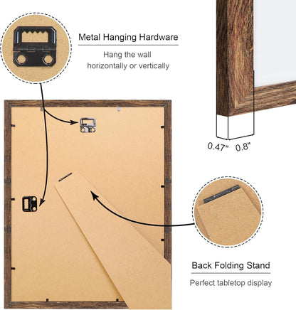 11x14 Picture Frame Set of 4, 11 x 14 Wood Photo Frames with Mat for 8x10, Natural Wooden Frame with Real Glass Cover for Wall and Tabletop Display,Rustic Brown