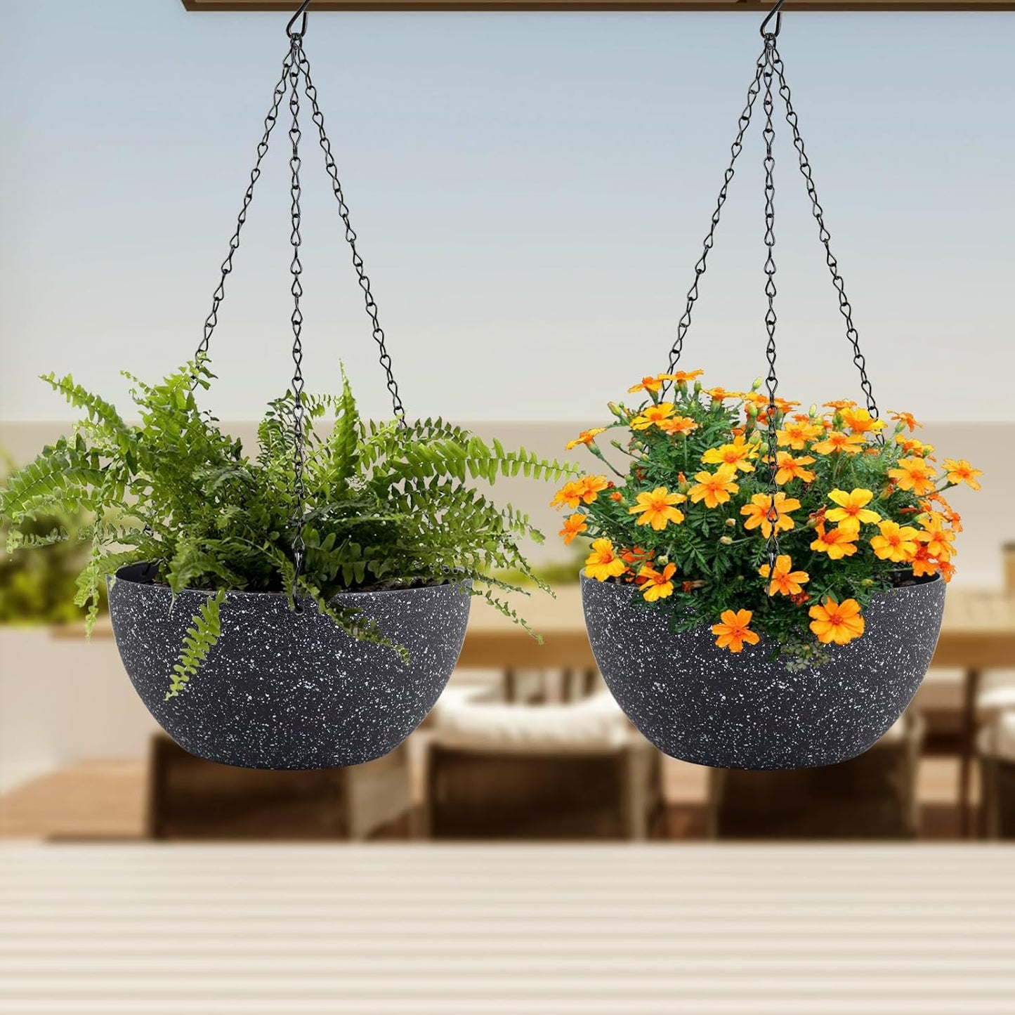 8 inch Small Hanging Planters for Indoor Outdoor Plants, 2 Pack Hanging Flower Plant Pots with Drainage Holes and Chain for Porch, Plastic Hanging Baskets for House Plants, Speckled Black