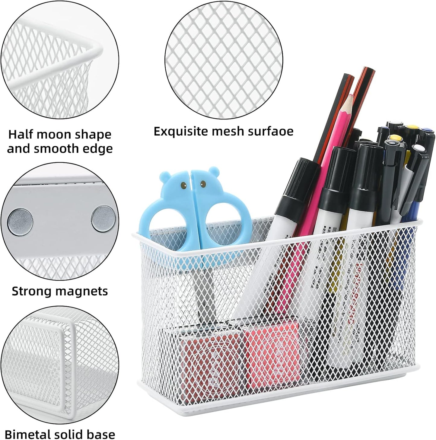 dedoot Magnetic Pencil Holder for refrigerator Storage Magnetic Basket Mesh White Strong Magnetic Pen Holder for Refrigerator,Whiteboard, Locker, Home and Office Organizer, 6.3x2.3x3.6inch