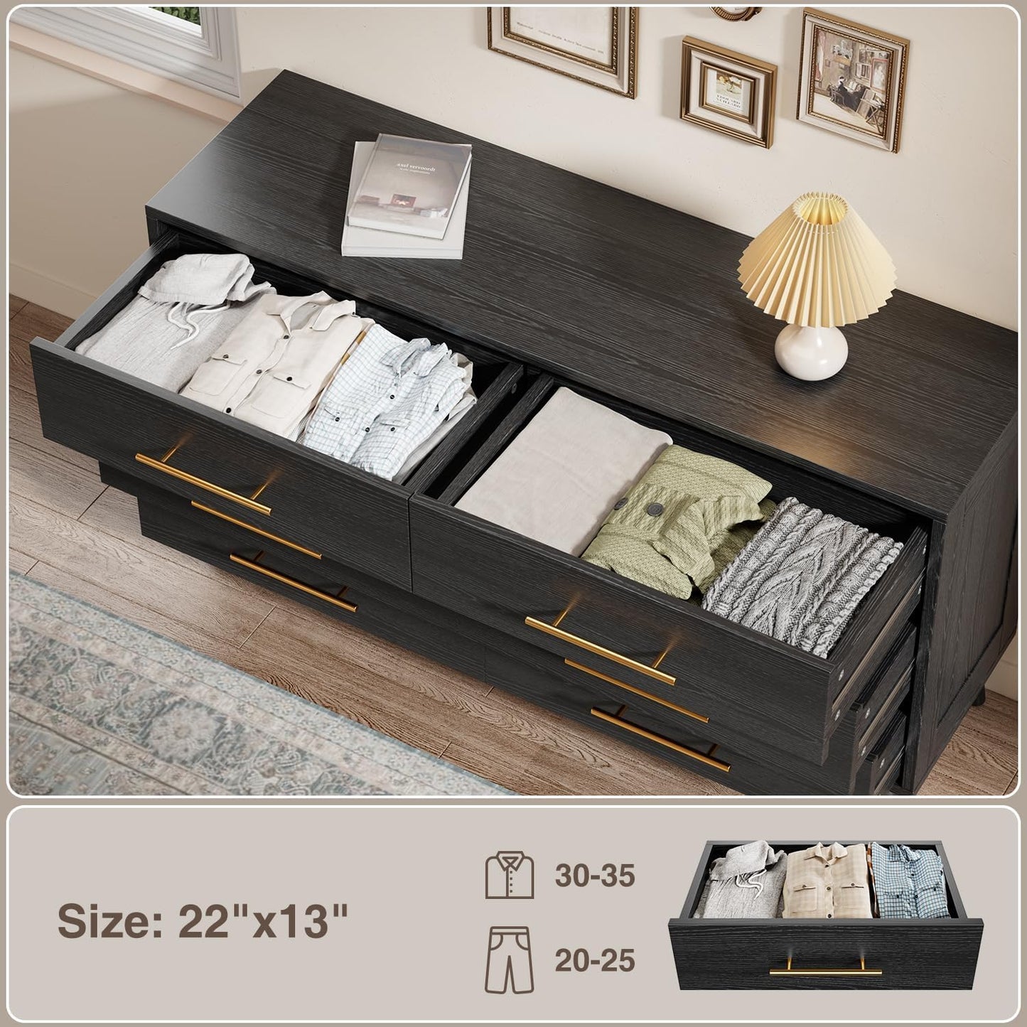 Aiho 6 Drawer Dresser for Bedroom, Chest of Drawers with Metal Handles, Wood Storage Modern Dresser for Nursery, Living Room, Entryway, Black