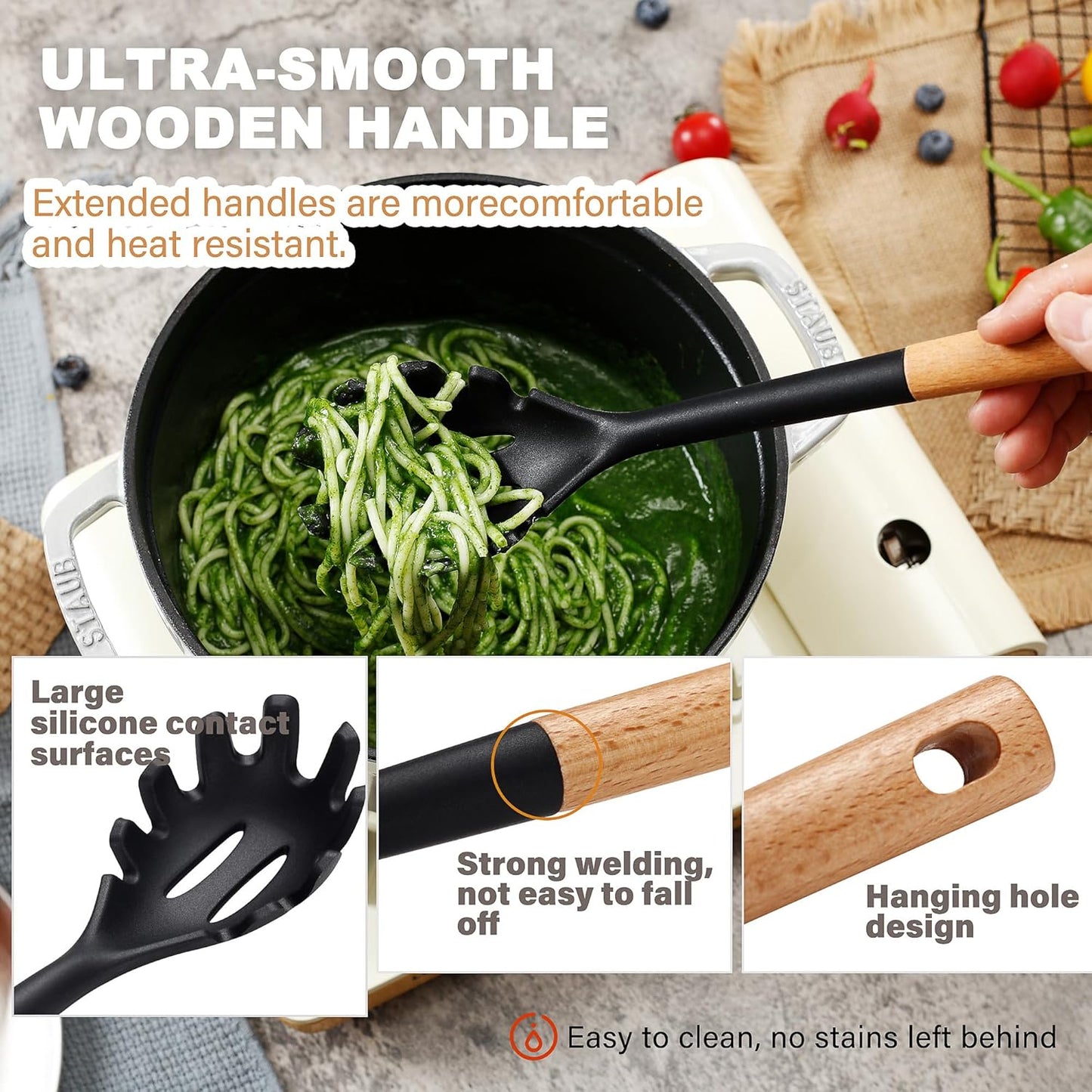 QMVESS Silicone Cooking Utensils Set, Kitchen Utensils Set 7 Pcs with Long Wooden Handle, Food Grade and Heat Resistant Large Silicone Spatula Set for Nonstick Cookware, BPA Free（Black）