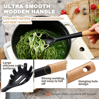 QMVESS Silicone Cooking Utensils Set, Kitchen Utensils Set 7 Pcs with Long Wooden Handle, Food Grade and Heat Resistant Large Silicone Spatula Set for Nonstick Cookware, BPA Free（Black）