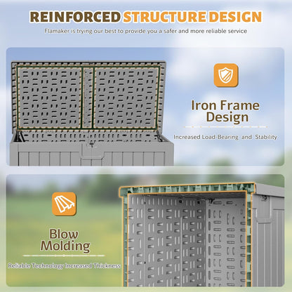 Flamaker Resin Deck Box 250 Gallon, Waterproof Imitation-Wood Lockable Storage Box with Separator Plate Outdoor Indoor, Garden, Patio Furniture for Tools&Pool Accessories (Gray)