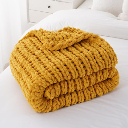 Battilo Chunky Knit Throw Blanket, Soft and Thick Chenille Throw Blanket, 50"x60" Handmade Cable Knit Crochet Blanket, Large Rope Knot Throw Blankets for Couch Sofa Bed Home Decor, Mustard