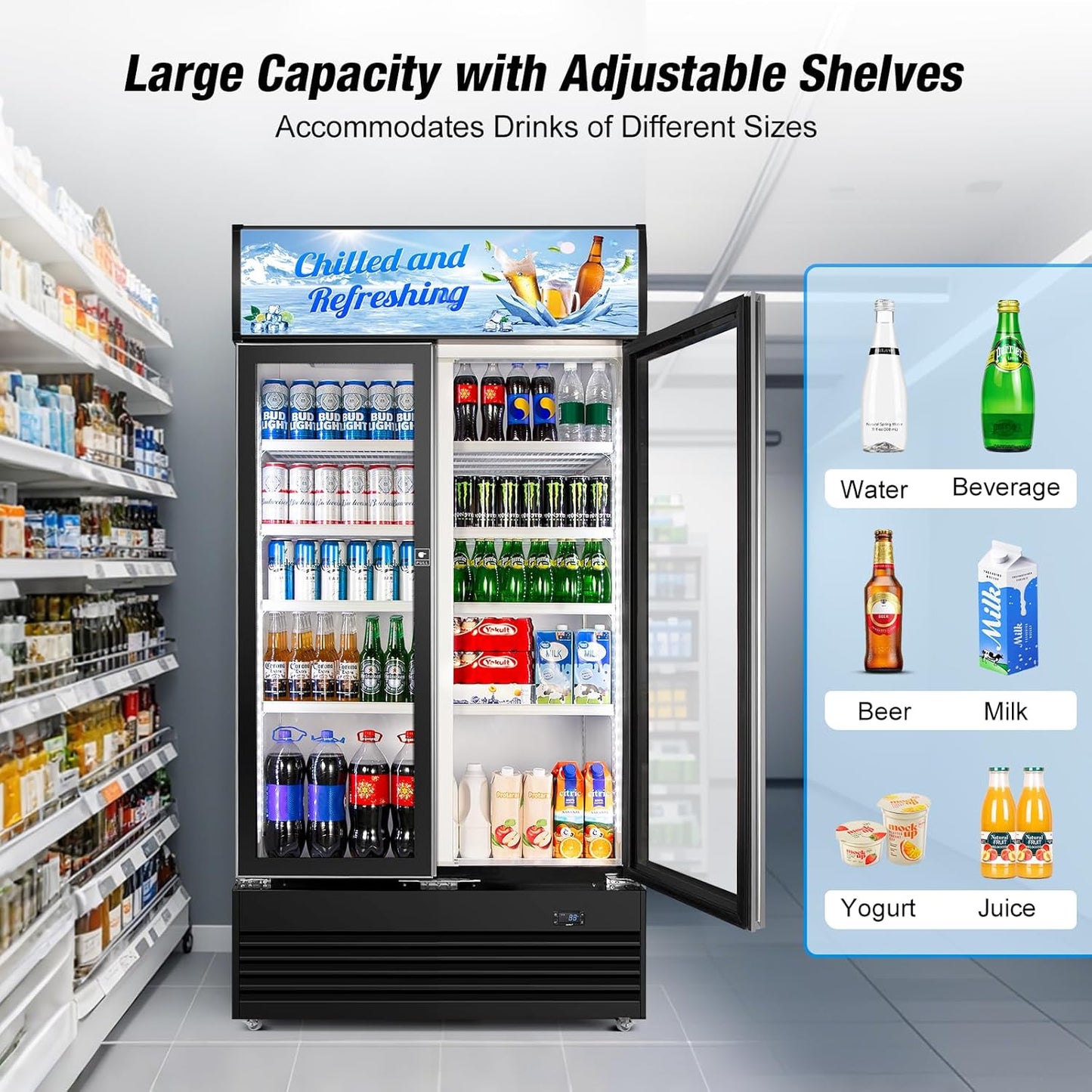 Commercial Beverage Refrigerator, 40 Inch 35 Cu.Ft. Commercial Drink Fridge, Display Refrigerator with Double Glass Door, Commercial Display Fridge with 8 Adjustable Shelves, for Shop,Restaurant,Bar