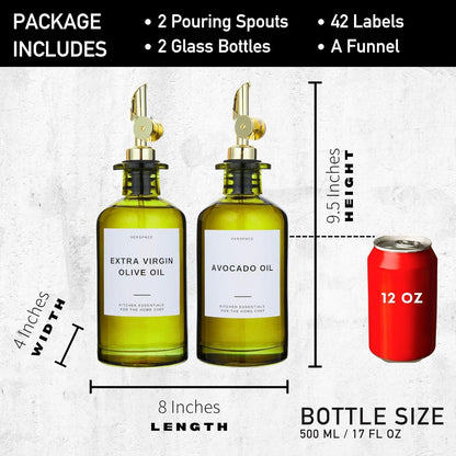 Green Glass Olive Oil Dispenser Bottle For Kitchen By Verpsace,Avocado Oil Dispenser Set, Modern Decor, Gold Kitchen Accessories for Home, Airbnb, Cafe (Gold, Set of 2)