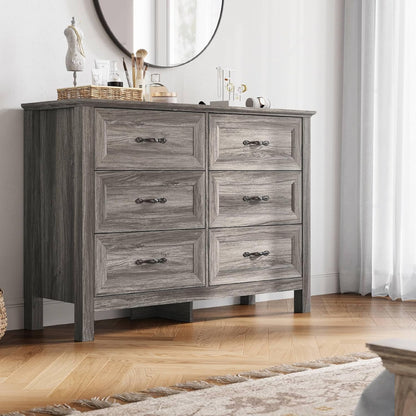 LINSY HOME Farmhouse 6-Drawer Dresser - Grey Chest of Drawers for Bedroom and Living Room Organization, Wood Dresser with Ample Storage Space and Rustic Charm