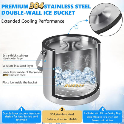 Ice Bucket, Ice Bucket with Silicone Sealing Ring Double-Wall Vacuum Insulation Champagne Buckets with Filter Layer Ice Tongs Ice Scoop (Silver, 3 L)