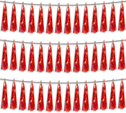 3P Red Foil Fringe Metallic Tassel Streamers Banner Tassel Garland for Parade Floats, Bachelorette, Wedding, Birthday, Halloween, Christmas, Bridal/Baby Shower Party Decorations