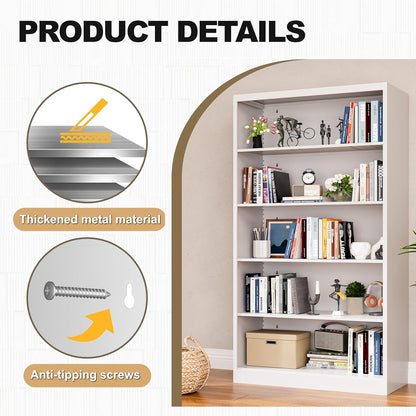 White Bookshelf, 55” Adjustable Tall Metal Bookshelf, 5-Tier Wide Bookshelf with Anti-Tilt Device, Modern Book Cases and Book Shelves for Bedroom, Living Room, Playroom, Study