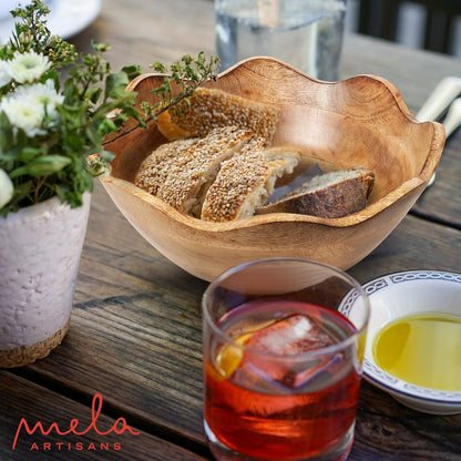 Mela Artisans Wooden Scalloped Bowl - Large | Ruffle Decorative Style | Rustic Kitchen Decor | Mango Wood | Natural Grain Finish | Fits Bread, Fruits, Salad or Popcorn | 12” x 4” x 11”