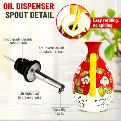 Hand-Painted Ceramic Olive Oil Dispenser Bottle – 40oz Decorative Stoneware Cruet with Stainless Steel Pour Spout – Elegant Kitchen Oil & Vinegar Container, Ideal for Coffee Syrups & More