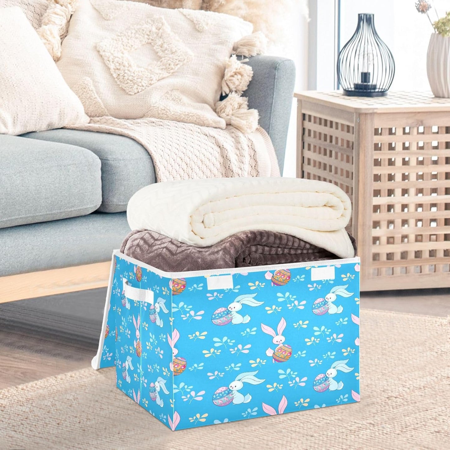 susiyo Blue Bunnies Colored Eggs fabric storage baskets with lids,Collapsible Storage Boxes,Foldable storage boxes with handles for Home,Office,Closet Organization