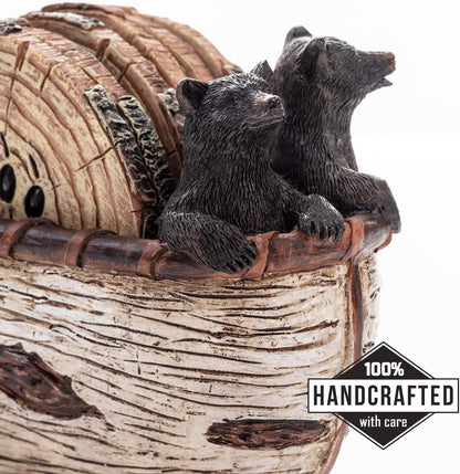 Bear Coasters Set of 6 Full Size Rustic Coasters in Handmade Canoe with Adorable Black Bear Figurines | Black Bear Log Cabin Decorations, Rustic Lodge Decor for The Home