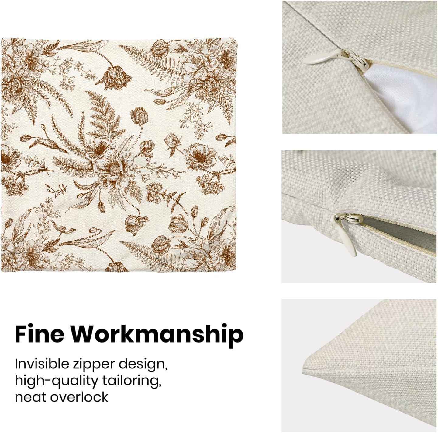 CXMEIFLY Spring Floral Leaves Pillow Covers 20 x 20 Inch Set of 2 for Chinoiserie Flowers Decor Throw Pillows Brown and White Seasonal Plant Outdoor Decorative Cushion Cases for Couch Bed Decorations