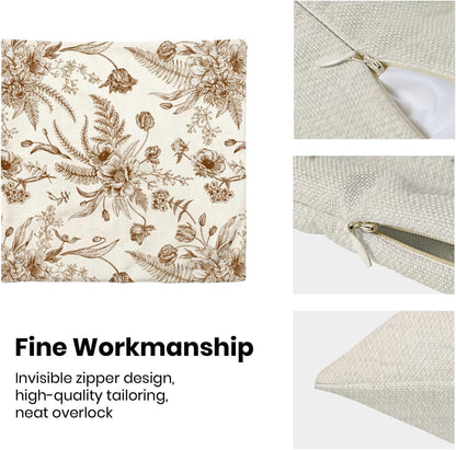 CXMEIFLY Spring Floral Leaves Pillow Covers 20 x 20 Inch Set of 2 for Chinoiserie Flowers Decor Throw Pillows Brown and White Seasonal Plant Outdoor Decorative Cushion Cases for Couch Bed Decorations