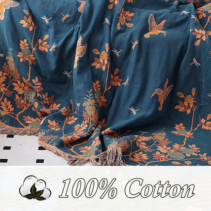 Snycler Boho Throw Blanket for Bed, 100% Organic Cotton Muslin Soft Throw-Floral Bird Farmhouse Rustic Spring Summer Fall Decor Blanket for Couch Sofa Quilt and Gift, 60" x 80" Orange