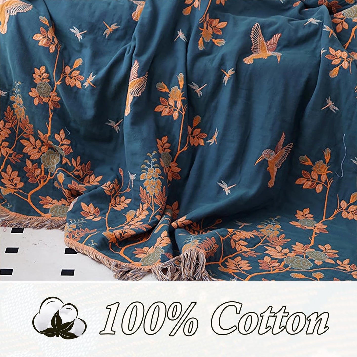 Snycler Boho Throw Blanket for Bed, 100% Organic Cotton Muslin Soft Throw-Floral Bird Farmhouse Rustic Spring Summer Fall Decor Blanket for Couch Sofa Quilt and Gift, 80" x 90" Orange