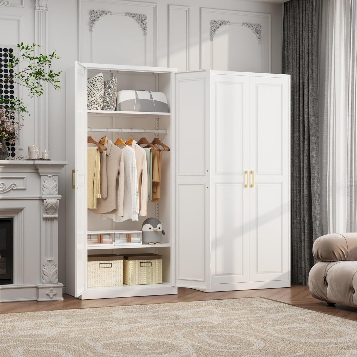 71" Metal Armoire Wardrobe Closet with 2 Doors, Tall Wardrobe Cabinet with Hanging Rod and Adjustable Shelves, White Clothing Storage Cabinets for Bedroom, Laundry Room, Home Office