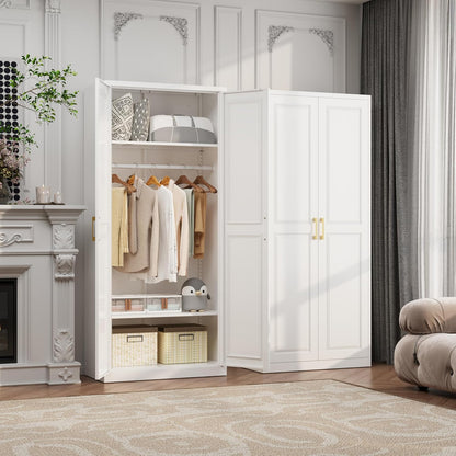 71" Metal Armoire Wardrobe Closet with 2 Doors, Tall Wardrobe Cabinet with Hanging Rod and Adjustable Shelves, White Clothing Storage Cabinets for Bedroom, Laundry Room, Home Office