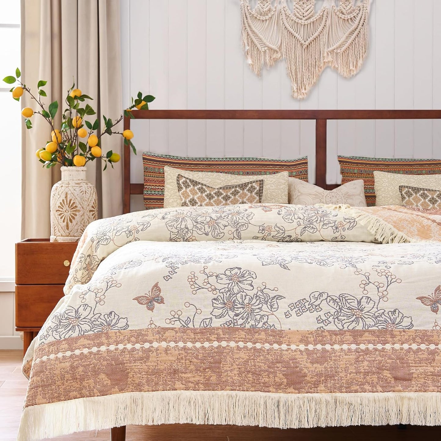 JINCHAN Boho Floral 100% Cotton Blanket 4-Layer Throw Blanket with Tassel Taupe and White Flower Butterfly Soft Luxury Rustic Farmhouse Decor Blanket for Couch Bed 80x90 inch All Season gift for women