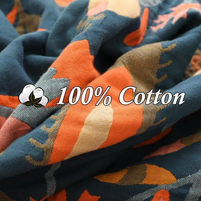 Snycler Boho Throw Blanket for Bed, 100% Organic Cotton Muslin Soft Throw-Orange Boho Floral Farmhouse Rustic Spring Summer Fall Decor Blanket for Couch Sofa Quilt and Gift, 60" x 80"