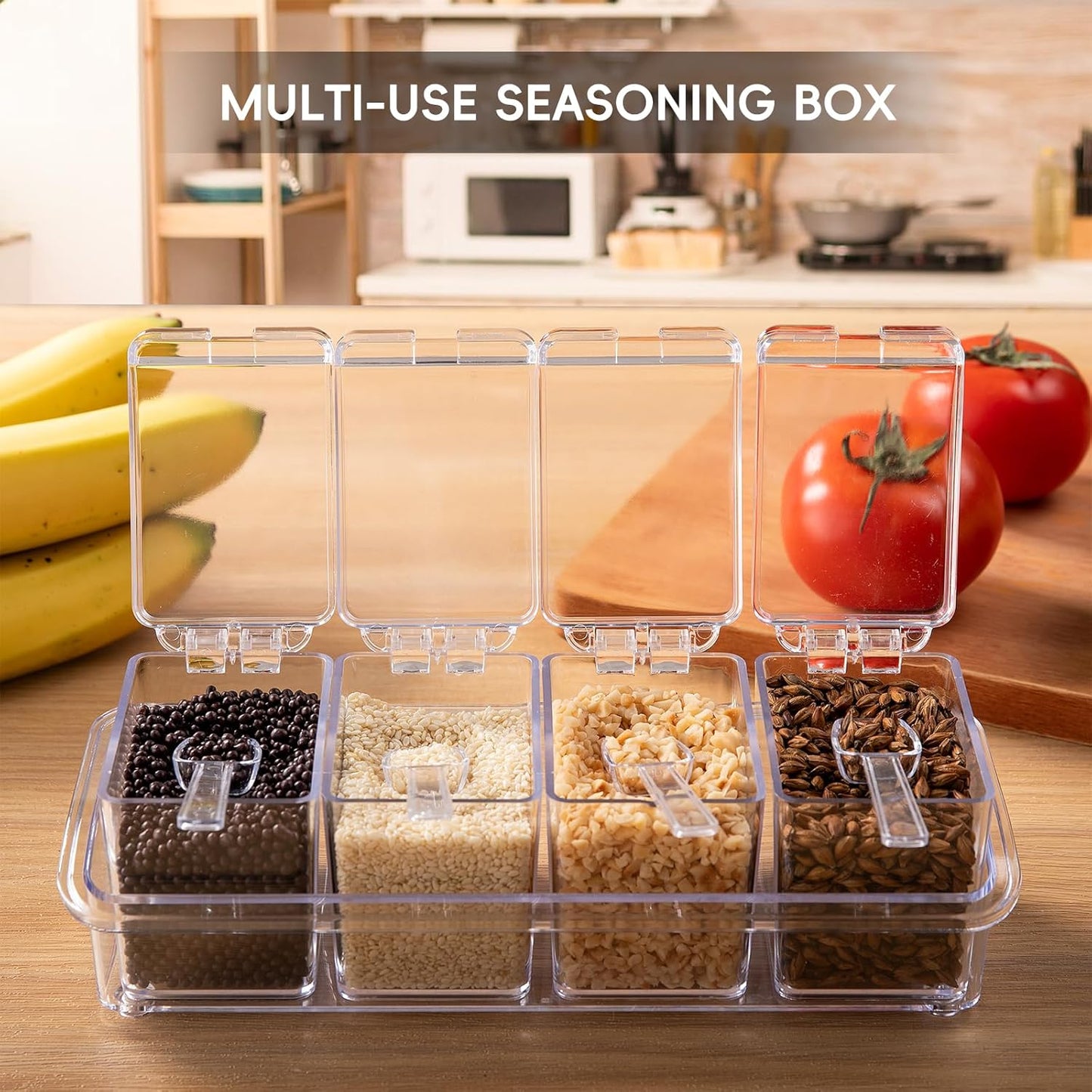 Clear Seasoning Box, 4 Pieces Seasoning Rack Spice Pots, Storage Container Condiment Jars Acrylic Seasoning Box with Covers and Spoons for Spice, Sugar, Salt, Sugar, Cardamon, Cinnamon