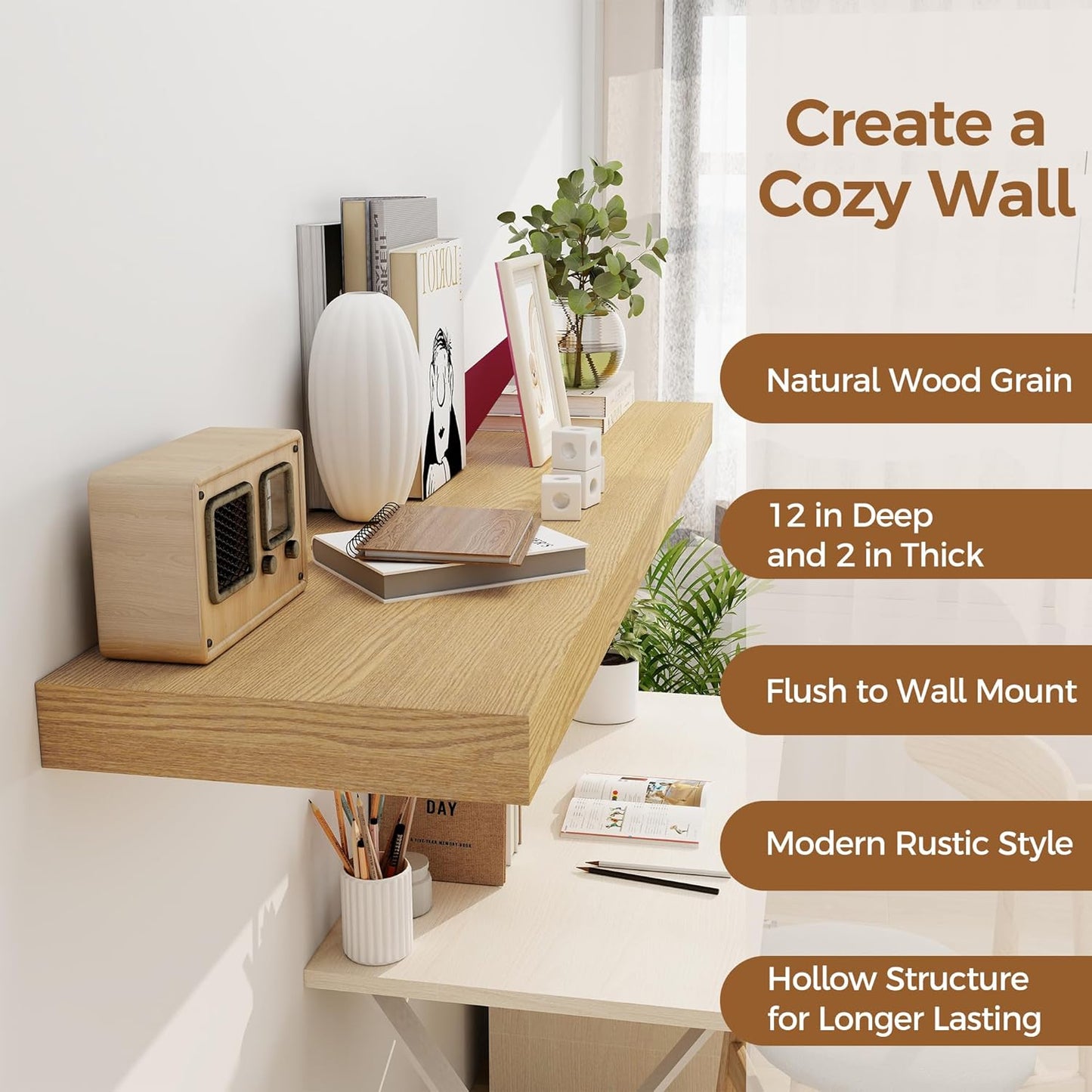 Floating Shelves 48 Inch Long, 12 Inch Deep Floating Shelves for Wall, 48 x 12 Large Wall Shelves for Home Storage & Display, 2" Thicked Floating Shelf for Bedroom, Living Room, Oak Color, 1 Pack