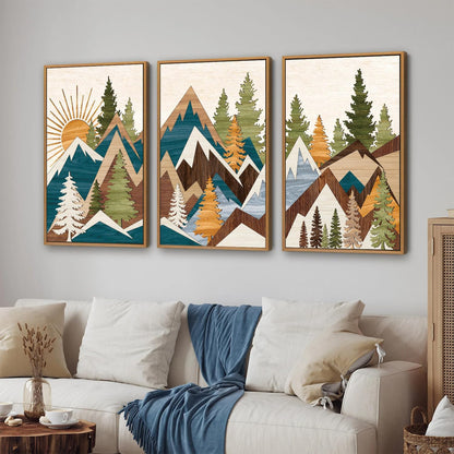Tinonedraw Large Metal Mountain Framed Canvas Wall Art of 3, Boho Rustic Sunrise Forest Wall Decor, Modern Nature Country Artwork, Vintage Wilderness Art Print for Living Room Bedroom Office 16"x24"