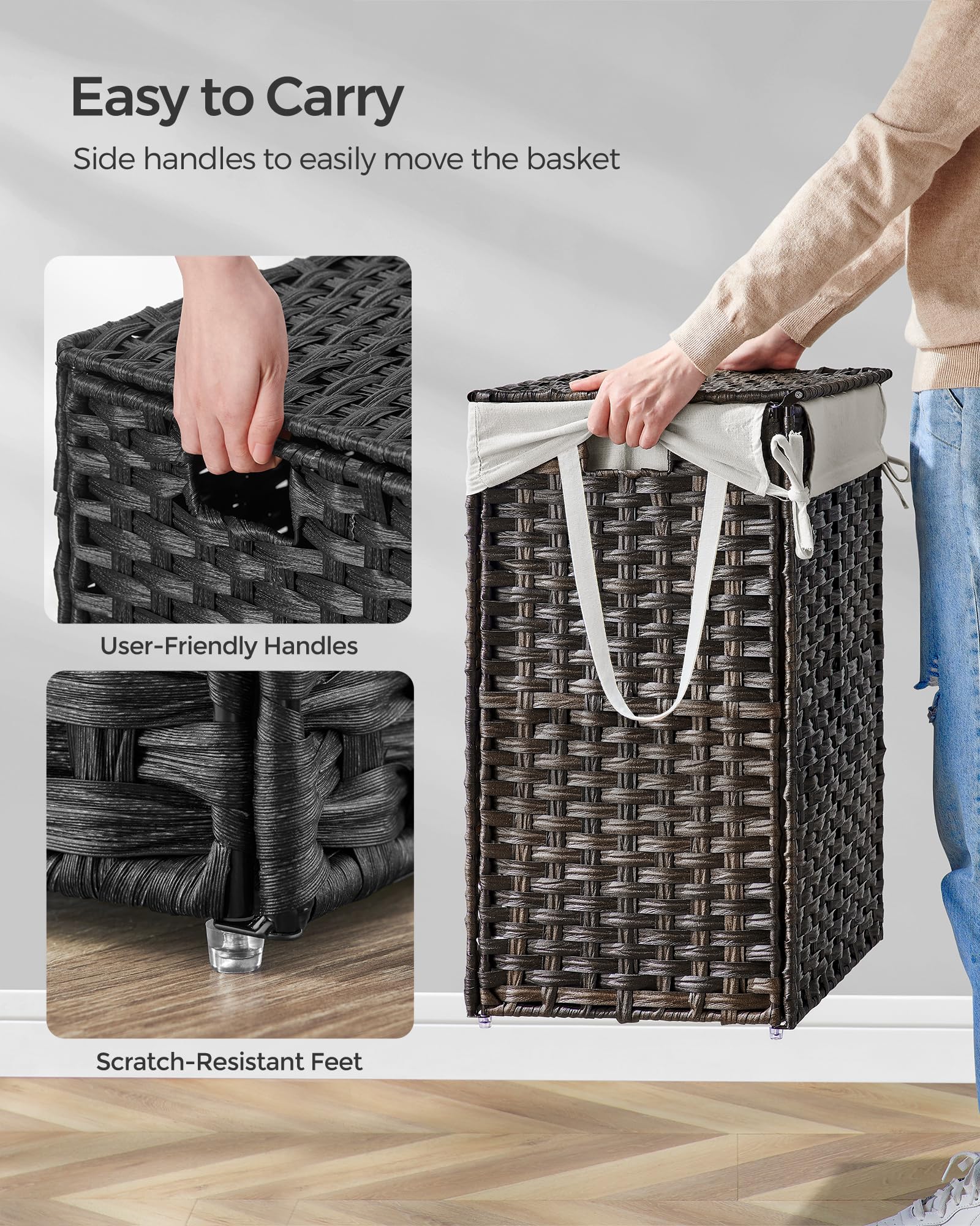 SONGMICS Laundry Hamper with Lid, 23.8 Gallon (90 L) Synthetic Rattan Clothes Laundry Basket with