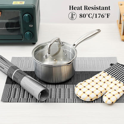 Leetaltree Grey with White Striped Placemats Set of 4 - Heat Resistant Non-Slip Place mats for Dining Table, Washable Durable PVC Vinyl Woven Table Mats（Grey Stripe, 4）