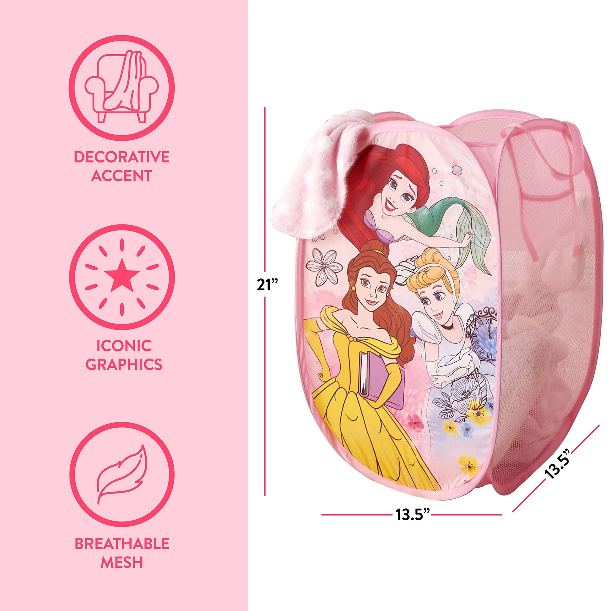 Disney Princess Pop-Up Laundry Hamper for Kids,Collapsible Mesh Storage Basket with Handles