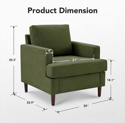 Mid-Century Accent Chair,Modern Linen Fabric Armchair for Living Room,Comfy Upholstered Reading Accent Chairs for Bedroom,Single Sofa Chair with Wood Legs (Green, 2 Pack)