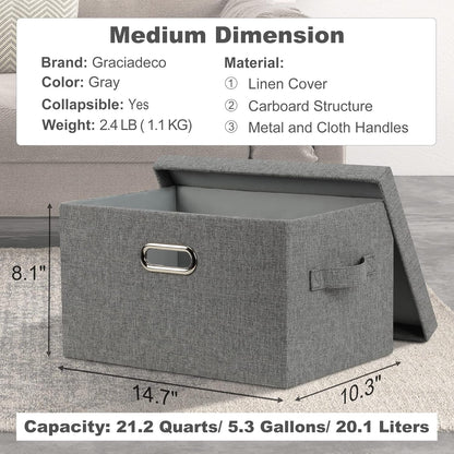 Medium 15" 21 Quart Collapsible Stackable Storage Bins with Lids, 1 Pack Gray Foldable Fabric Closet Storage Boxes with Lids, 4 Handles Heavy-duty Linen Cube Baskets for Bedroom