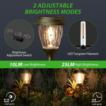 XMCOSY+ Solar Pathway Lights Outdoor, 10/25 LM in 2 Lighting Modes, Glass Stainless Steel Waterproof Outside Solar Powered Garden LED Lights for Yard Lawn Driveway Walkway Landscape Decor(Warm White)