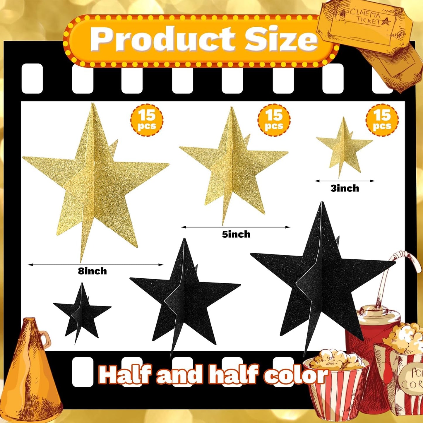 45 Pcs 3D Star Centerpieces Movie Night Decorations for Table in 3 Sizes Hanging Supplies for Red Carpet Film Show Theme Birthday New Year Party First Day of School Table Decor(Black and Gold)