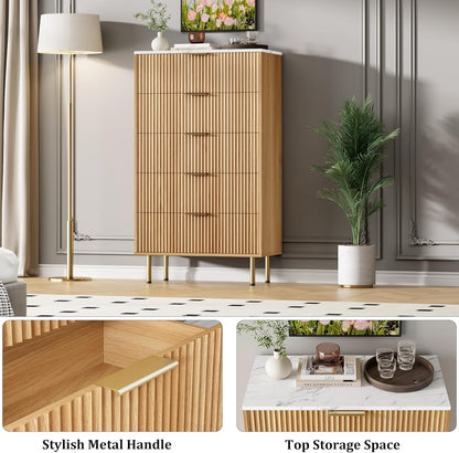 Fluted Wood Dresser 5 Drawers Dresser for Bedroom, Modern Chest of Drawers, Tall Brown Dresser with Faux Marble Top and Gold Handle, Wood Drawer Organizer for Bedroom, Living Room, Hallway, Entryway