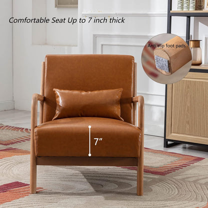 INZOY Mid Century Modern Accent Chair with Wood Frame, PU Leather Reading Armchair with Waist Cushion, Upholstered Living Room Chairs for Bedroom Sunroom (Camel)