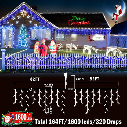 KNONEW 164FT 1600 LED Christmas Lights Outdoor Decoration Blue Timer 8Modes Hanging Fairy String Lights with 320 Drops, Plug in Waterproof Indoor Decor for Holiday Wedding Party Window Garden