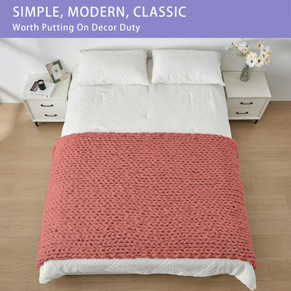 Bigacogo Chunky Knit Throw Blanket for Couch, 40x80 inches, 100% Hand Knitted with Thick Jumbo Chenille Yarn, Cozy Soft Large Rope Knot Cable Crochet Blankets for Sofa Bed Living Room, Antique Red